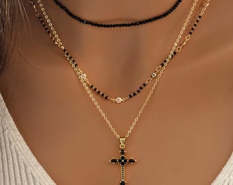 Black CZ Cross Necklace, Gold Filled Cross Pendant, Christian Necklace for Women, Dainty Religious Jewelry, Spiritual Gift for Her
