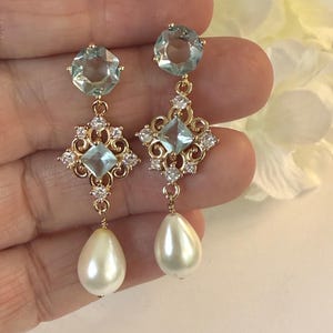 Bridal Wedding Earrings Something Blue Crystal and Pearl Dangle Earrings Bridesmaid Gift Mother Daughter Elegant Handmade Earrings