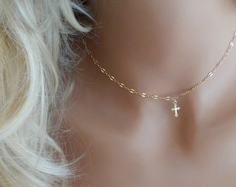 Cross Choker Necklace for Woman, Gold Cross Religious Gift for Her,  Dainty Silver Cross Choker, First Communion Gift for Girl