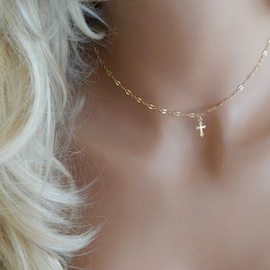 Dainty Cross Choker: Gold Filled Sequin Chain, Religious Gift