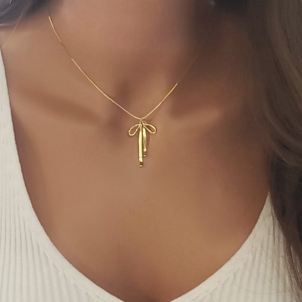 Gold Filled Bow Tie Necklace Gift for Her, Ribbon Jewelry for Women, Minimal Dainty Layering Jewelry,