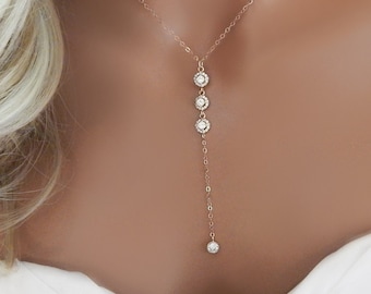 Wedding Lariat Necklace, Diamond CZ Lariat Y Necklace, Prom Necklace Bridesmaid Thank You Gift, Bridal Jewelry, Rose, Gold, Silver pms