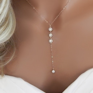 Handmade CZ Lariat Wedding Necklace: Rose Gold Bridal Jewelry