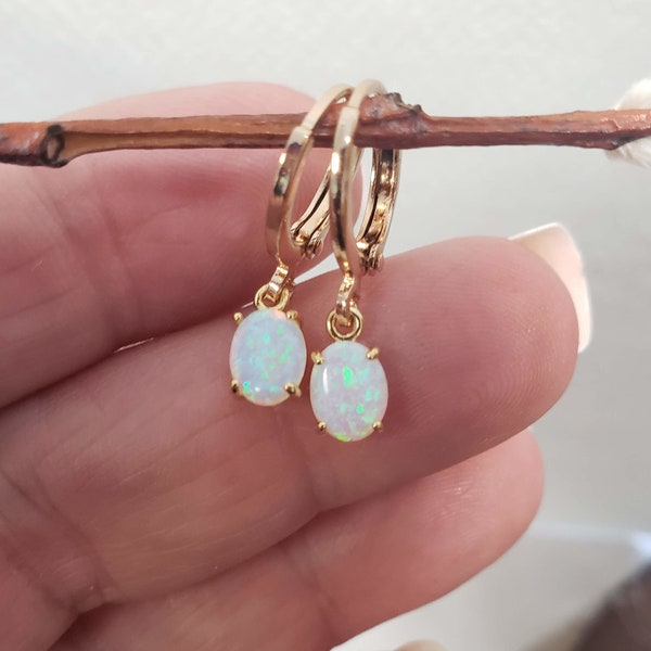 Opal Earrings, Gold Dangle Opal Earrings, Gift for Girlfriend, Dainty, Minimalist, Everyday Gold Filled