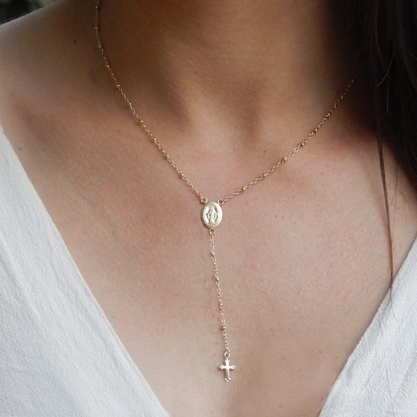 Rosary Necklace, Divine Protection, Virgin Mary Lariat Necklace, Religious Symbol of Faith, Gold Y Necklace, Confirmation Gift