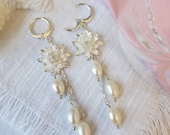 Bridal Wedding Earrings, Silver Floral Pearl Dangles,  Bridesmaid Gift, Mother, Daughter, Elegant Handmade Earrings