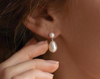 Double Pearl Earrings, Freshwater Pearl Bridal Earrings, Classic Pearl Stud Earrings, Minimalist Silver Posts, Wedding Gift for Bride