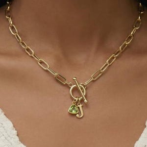 Personalized Birthstone Initial Necklace Gold Filled, Custom Letter Charm, Paperclip Chain Necklace, Dainty Gift for Her