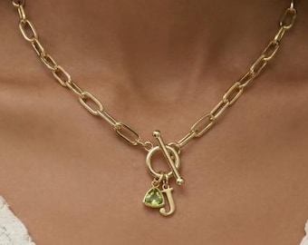 Gold Paperclip Chain Necklace, Toggle Clasp Charm Holder Necklace, Initial Pendant Necklace, Carabiner Layering Jewelry Gift for Her