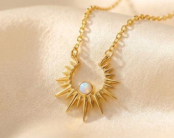 Gold Opal Sunburst Necklace, Celestial Charm, October Birthstone, Minimalist Layering Jewelry