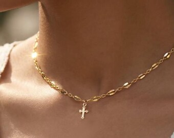 Dainty Cross Choker: Gold Filled Sequin Chain, Spiritual Gift for Her