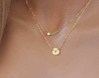 Personalized Initial Necklace, Layered Pearl Choker, Mom Gift, Girlfriend Gift for Her, Multi Strand Pearl Necklace, Gold Filled Necklace