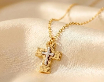 Collar con cruz bicolor, cadena chapada en oro de 14 quilates, joyería religiosa moderna, colgante pequeño