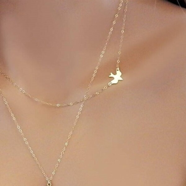 Dainty Gold Choker Bird Choker Gift for Her, Gold Filled Necklace, Side Flying Bird Choker Layering Necklace Silver Dove Choker