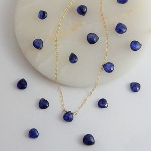 Raw Sapphire Briolette Necklace, September Birthstone, Rose Gold or Silver Chain
