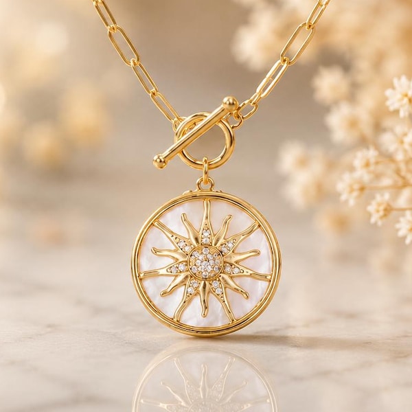 Gold Filled Sunburst Necklace, Mother of Pearl Pendant, Paperclip Chain Celestial Jewelry