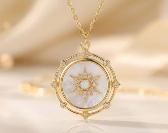 Gold Nordstern Halskette, Opal Medaillon Halskette, Perlmutt Anhänger, himmlischen Stern Charme, Boho Halskette, Geschenk für sie