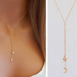 Gold Lariat Y Necklace, Moon Stars Celestial Gift for Her, Dainty Gold Constellation Jewelry, CZ Diamond Lariat, Minimal Jewelry