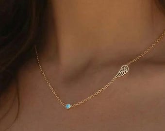 Birthstone Angel Wing Necklace, Memorial Jewelry Gift, Guardian Angel Wing Pendant, Sympathy Gift for Her, Remembrance Necklace