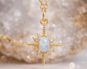 Opal Starburst Necklace, Dainty Gold Opal Necklace, Celestial Star Necklace, Minimalist Gold Pendant, Cosmic Jewelry, Gift for Her