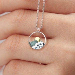 Mountain Necklace Gift for Girlfriend Sunset Outline Nature Lovers and Hikers Sterling Silver Bronze Mixed Metal Wanderlust