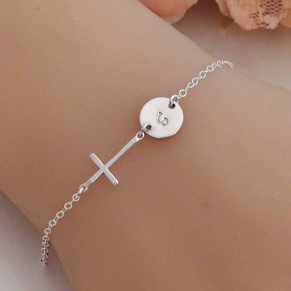 Initial Bracelet, Cross Bracelet, Personalized Charm Bracelet, Christian Jewelry, Religious Mother Jewelry, Baptism Confirmation Bracelet