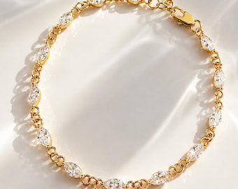 Marquise-Armband, Goldarmband mit Strasssteinen, Zartes Kristall-Tennisarmband, Hochzeitsschmuck, Brautarmband, Geschenk für Sie
