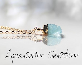 Raw Aquamarine Necklace, March Birthstone, Dainty Gold Gemstone Pendant, Personalized Gift