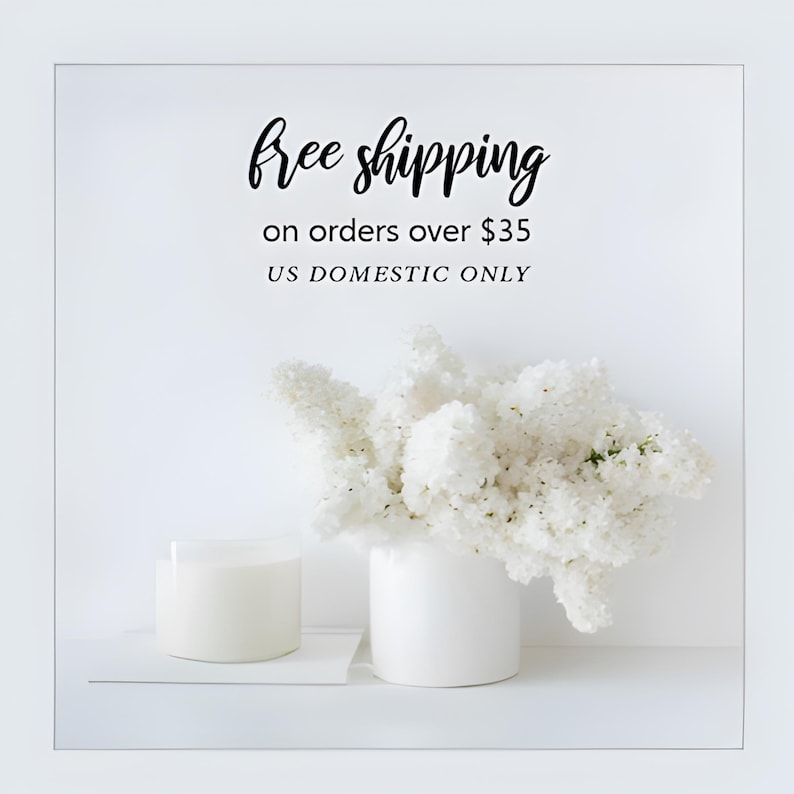Puede incluir: Un florero cil&iacute;ndrico blanco lleno de un gran racimo de flores de lila blancas, colocado junto a un recipiente cil&iacute;ndrico blanco m&aacute;s peque&ntilde;o sobre una superficie plana. El texto superior dice free shipping on orders over $35 US DOMESTIC ONLY.