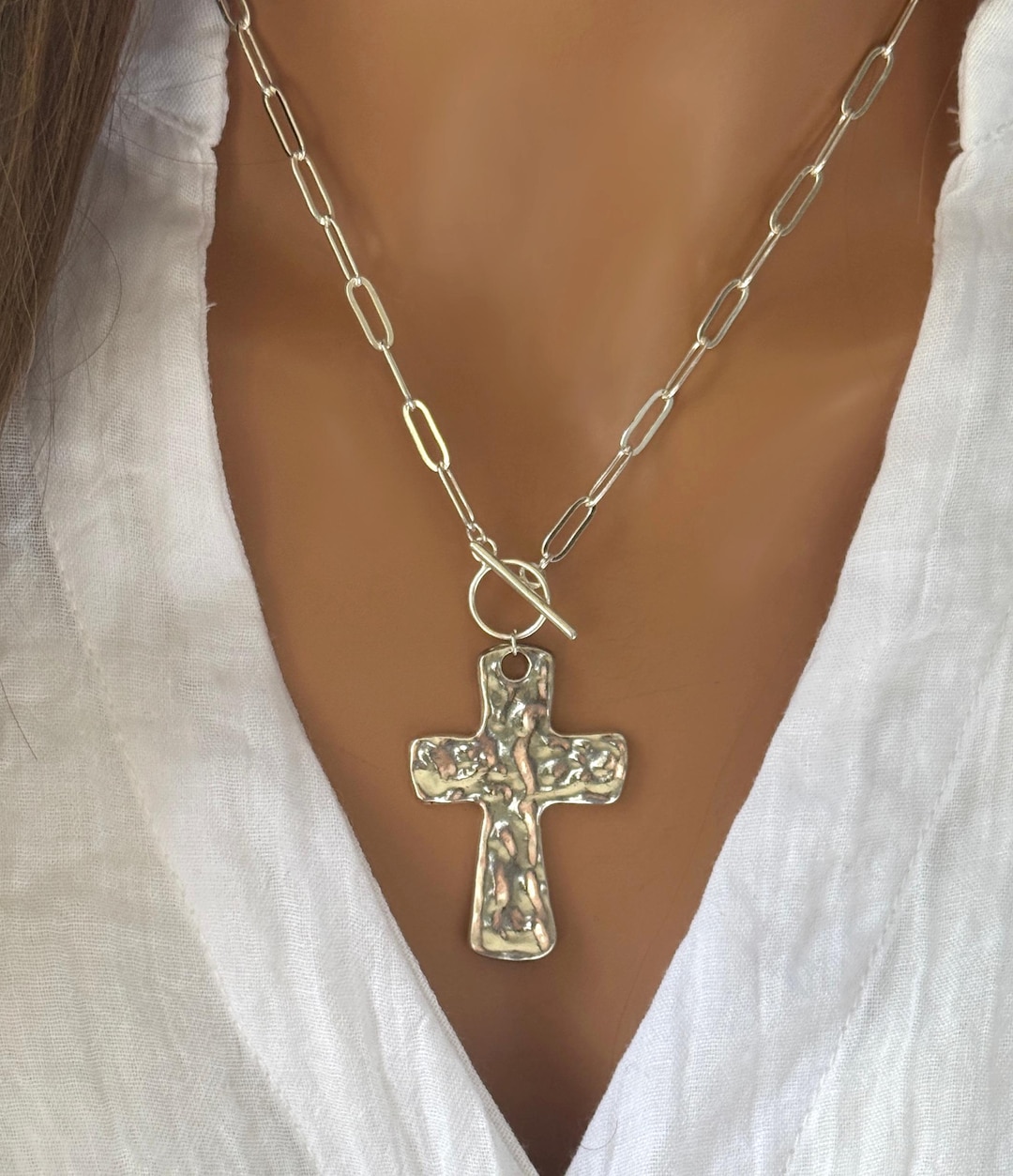 Stone Disk Beaded Necklace with Stone Hammered Cross Pendant