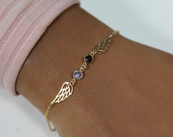 Gold Engelsflügel Armband: Personalisierter Geburtsstein Schmuck