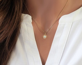 Opal Starburst Necklace for Women, 14K Gold Filled Sunburst Celestial Charm, Gift for Her Minimal Dainty Jewelry