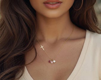 Birthstone Cross Necklace, Personalized Cross Necklace Gold or Sterling Silver, Christian Jewelry, Dainty Religious Gift for Her
