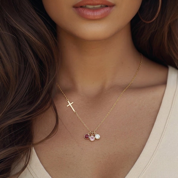 Birthstone Cross Necklace, Personalized Cross Necklace Gold or Sterling Silver, Christian Jewelry, Dainty Religious Gift for Her