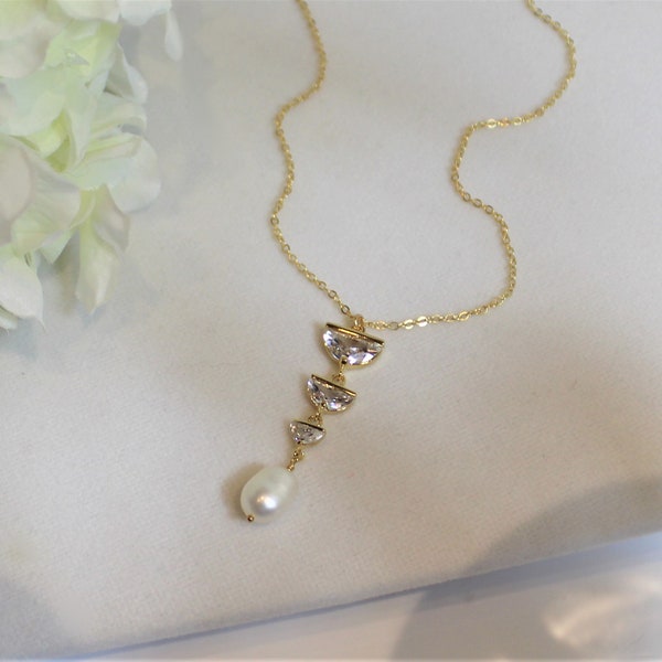 Boho Wedding Necklace, Long Dangle Crystal Pearl Bridesmaid Gift Gold Modern Bridal Formal Prom Minimalist Matching Earrings Available