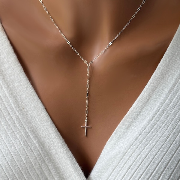 Cross Lariat Necklace, Gold Y Necklace, Drop Cross Necklace, Dainty Religious Jewelry, Christian Gift for Her, Spiritual Necklace