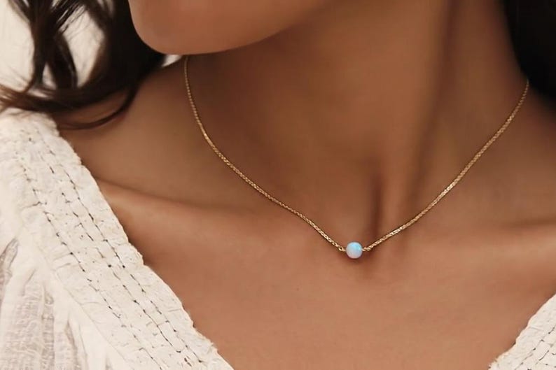 Dainty Opal Necklace 14K Gold Filled, October Birthstone Necklace, Minimalist Opal Jewelry, Gift for Her Gold Necklace image 9