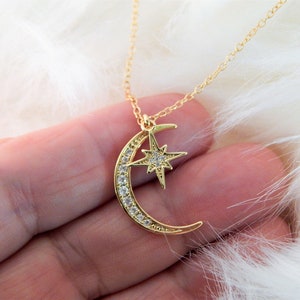 Celestial Crescent Moon Starburst Necklace, Gift for Her, Boho Celestial Layering Jewelry, Moon and Star Jewelry for Women image 3