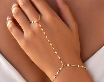 Handarmband aus 14-karätigem Gold, zierliches Armband, Fingerkette, Ringarmband, Geschenk für Sie, Gold gefüllt und Sterlingsilber