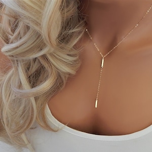 Dainty Gold Bar Lariat Necklace: 14K Gold Filled or Sterling Silver