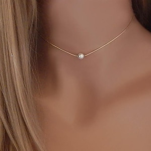 Pearl Necklace Bridesmaid Mothers Day Gift Floating Pearl Choker Gold Filled Sterling Silver Wedding Necklace, Gift for Her