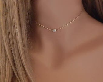 Pearl Necklace Bridesmaid Mothers Day Gift Floating Pearl Choker Gold Filled Sterling Silver Wedding Necklace, Gift for Her