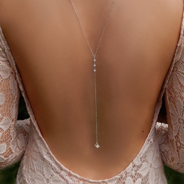 Wedding Necklace Back Drop  Cz Crystal Necklace for Bride Low Back Wedding Dress Bridesmaid Prom Jewelry Dainty Boho Y Drop Silver Gold Gift