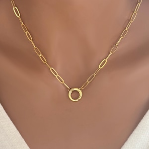 Gold Charm Holder Necklace Birthday Gift for Women Paperclip Push Gate Hinge Clasp Jewelry Tarnish Free Trendy Chain Statement Necklace