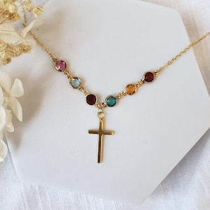 Colar com pedras de nascimento para mãe, pedras de nascimento da família, colar delicado com cruz, presente para mãe, árvore genealógica, presente para avó, corrente com acabamento em ouro 14K