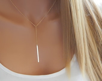Gold Lariat Necklace - Minimalist Y Necklace, Vertical Skinny Bar, Dainty Gift for Her, 14k Gold Filled Sterling Silver