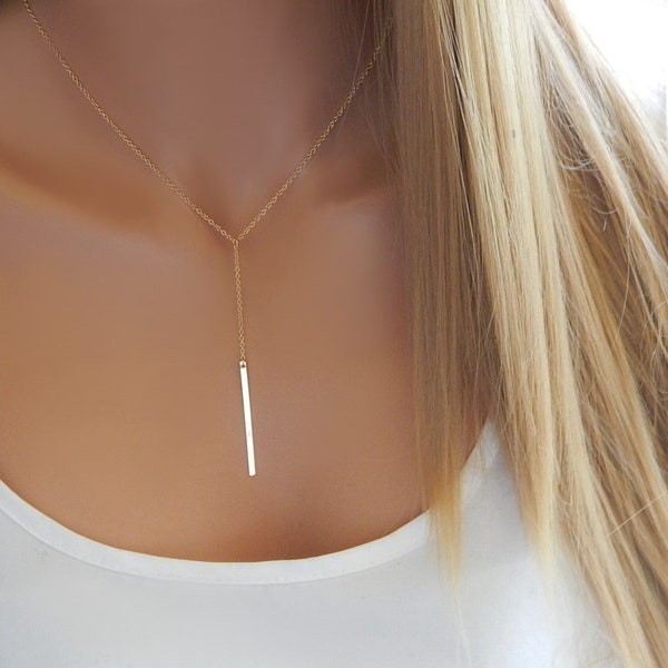 Gold Lariat Necklace - Minimalist Y Necklace, Vertical Skinny Bar, Dainty Gift for Her, 14k Gold Filled Sterling Silver