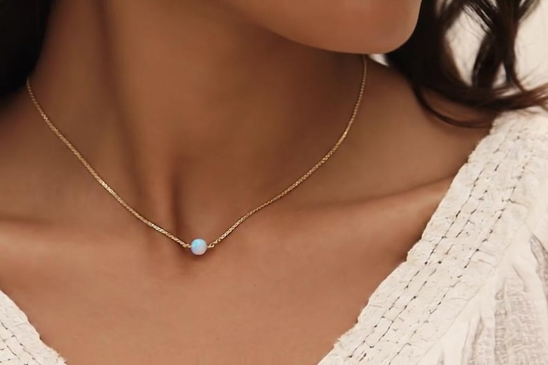 Dainty Opal Necklace 14K Gold Filled, October Birthstone Necklace, Minimalist Opal Jewelry, Gift for Her Gold Necklace image 8