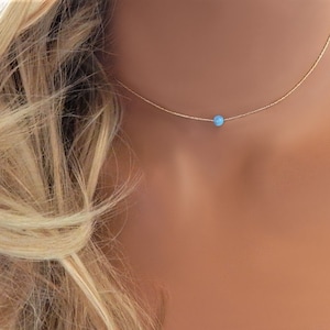 Opal Choker Necklace for Women, Dainty Bridesmaid Gift for Her, Boho Blue Opal Bead, Minimalist Layering Rose Gold SilverJewelry image 2