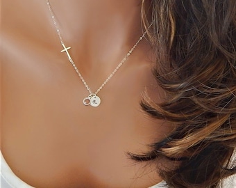 Sideways Cross Initial Necklace: Personalized Birthstone Charm